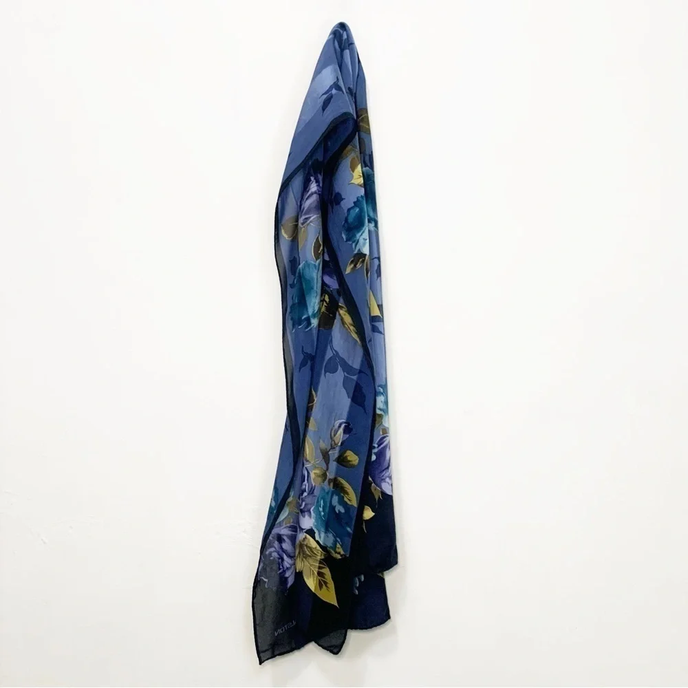 Vintage Halston Red 100% Silk Blue/Green Floral Rose Bandana Scarf Made in Korea